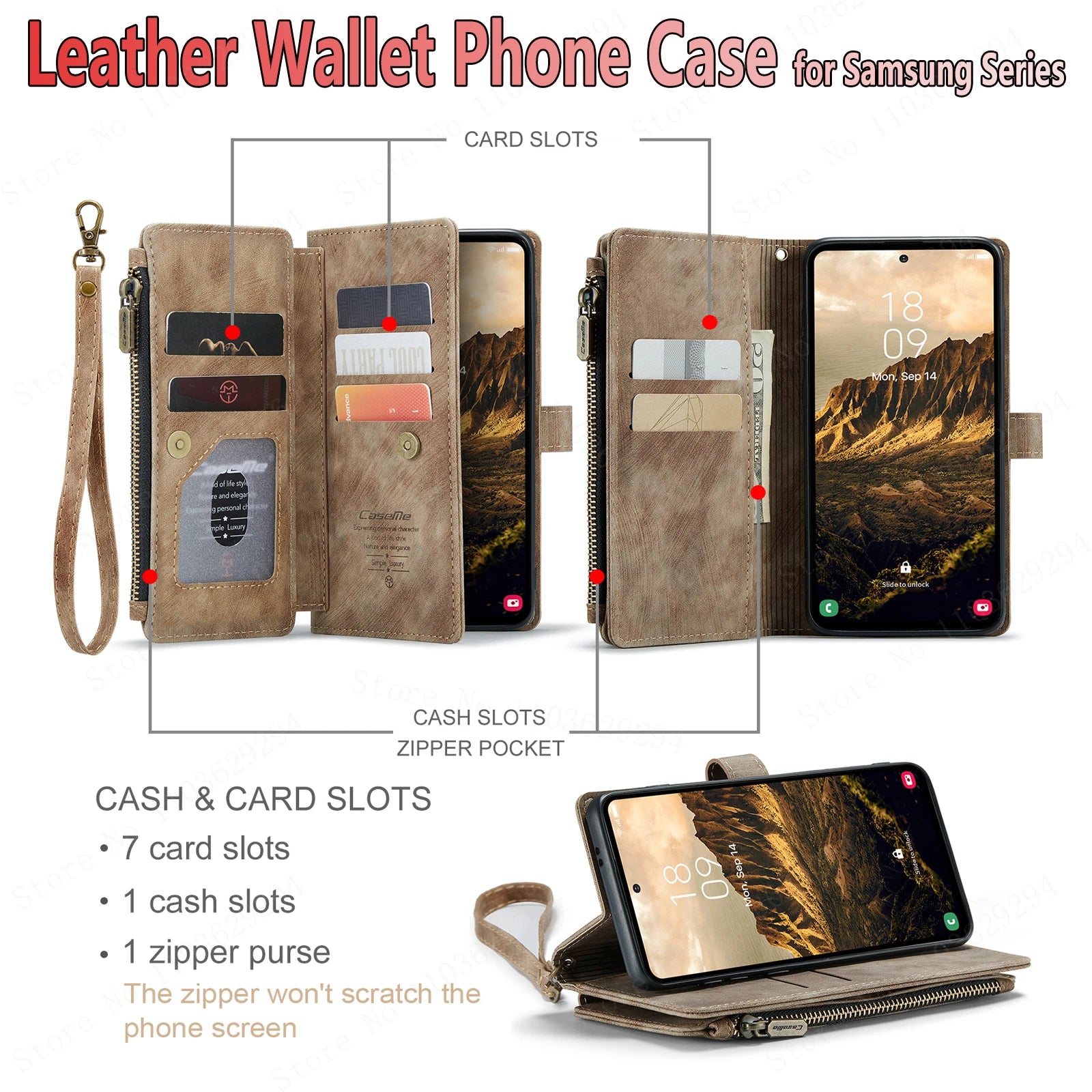 CaseMe Multi-card Slot Zipper High-end Leather Wallet Mobile Phone Case, For Samsung Galaxy S24 S23 S22 S21 S20 S20p S10 S9 S8