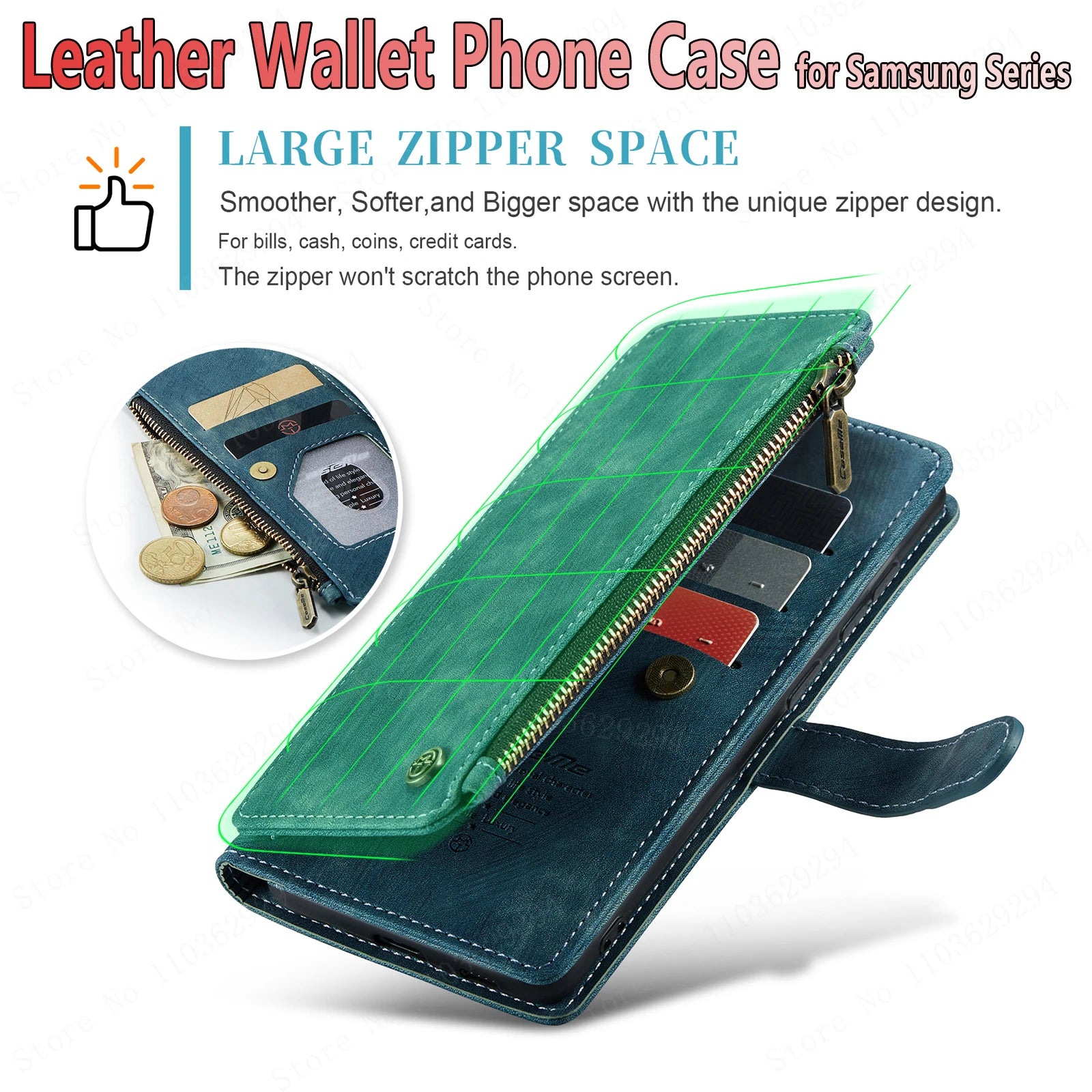 CaseMe Multi-card Slot Zipper High-end Leather Wallet Mobile Phone Case, For Samsung Galaxy S24 S23 S22 S21 S20 S20p S10 S9 S8